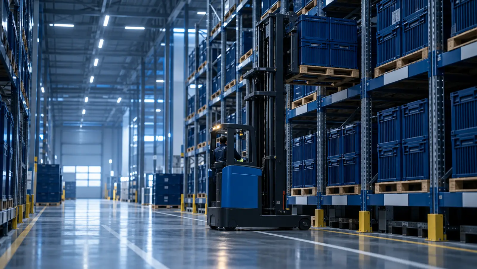 Almacenamiento: montacargas retráctil ubicando contenedores azules en racks.