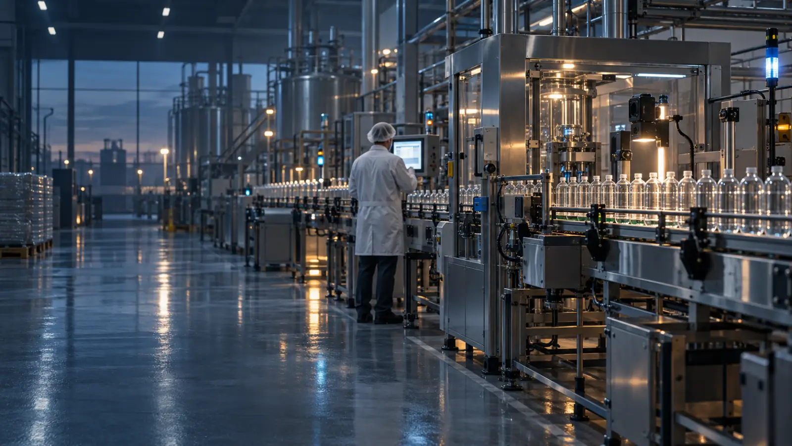 Línea automatizada de envasado de bebidas en acero inoxidable con una operadora revisando un panel.
