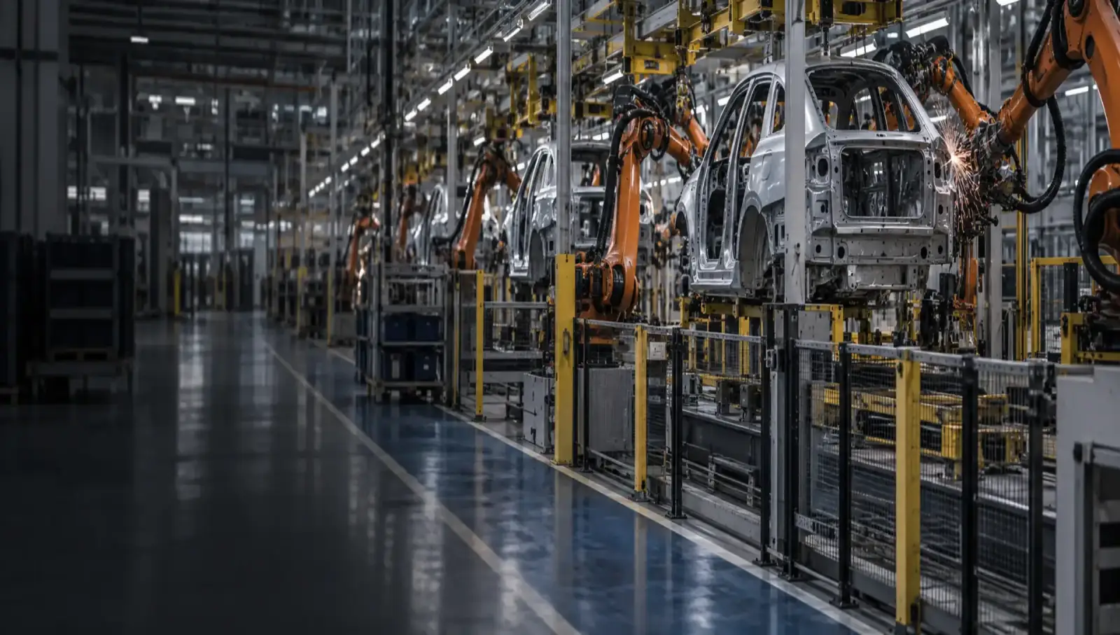 Línea de ensamble automotriz con brazos robóticos de soldadura y carrocerías en proceso.