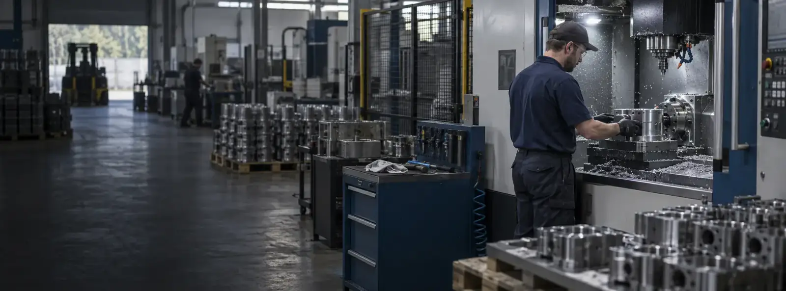 Técnico trabajando en una celda de manufactura con piezas maquinadas y gabinetes de herramienta.