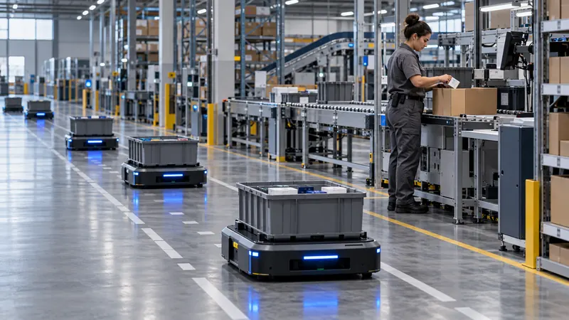 Estación de surtido con robots móviles autónomos que transportan contenedores grises hacia una persona que prepara pedidos.