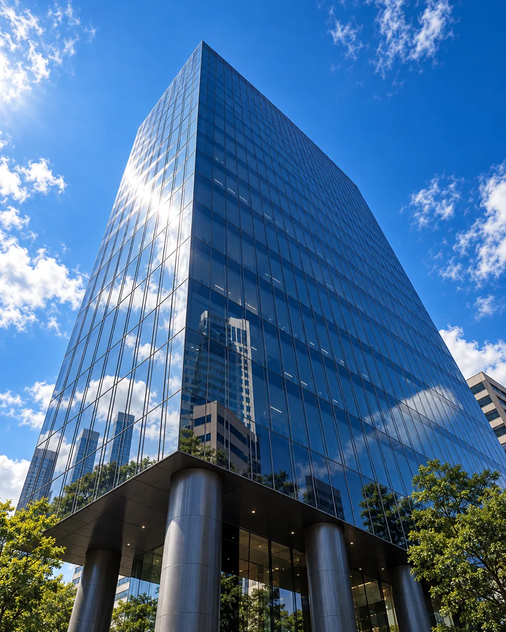Vista ascendente de un edificio de oficinas contemporáneo contra un cielo azul