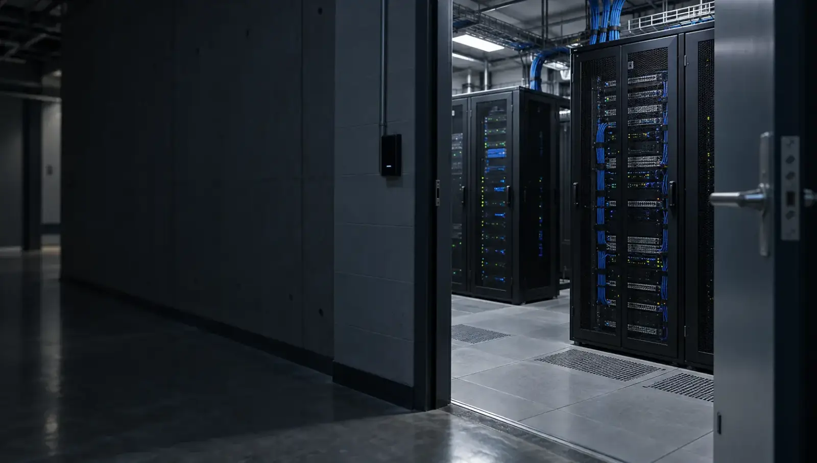 Acceso controlado a una sala de servidores con gabinetes cerrados.
